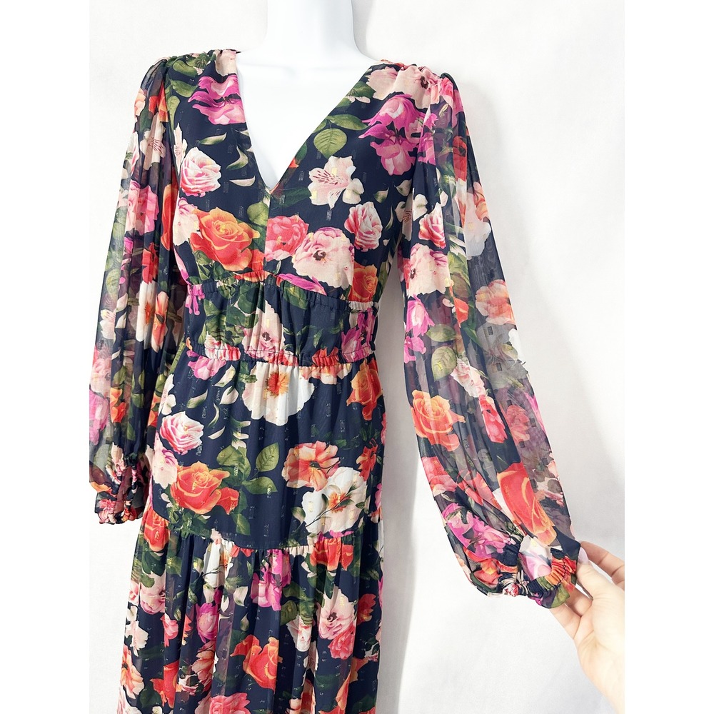 Eliza J Metallic Clip Dot Floral Navy Chiffon Fit Flare Maxi Dress Womens Size 8 - Picture 3 of 14